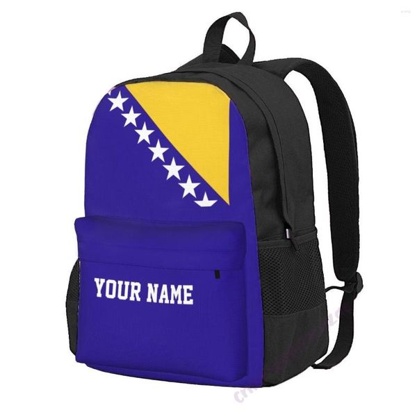 Mochila Nombre personalizado Bandera de Bosnia y Herzegovina Poliéster para hombres Mujeres Bolsa de viaje Estudiantes ocasionales Senderismo Camping