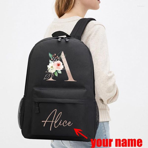 Mochila Nombre personalizado Inicial Diseño de letras doradas Niñas Niños Guardería Niño Pre Universidad Mochila escolar Viaje Paquete al aire libre