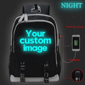 Mochila Bolsas escolares personalizadas Agregue su diseño Imprimir texto PO Adolescente negro Personalizar computadora portátil de carga USB luminosa