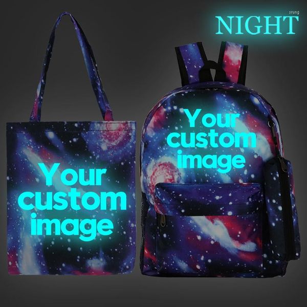 Mochila personalizada con tu imagen impresa luminosa para adolescentes, bolsa DIY para hombres, mochila escolar de lona para ordenador portátil, conjunto de 3 para niños y niñas