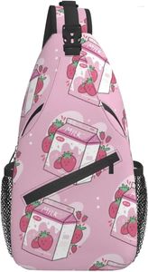 Sac à dos mignon Kawaii fraise lait imprimé fronde voyage randonnée bandoulière sac à bandoulière pour hommes femmes sacs de poitrine décontractés Sport