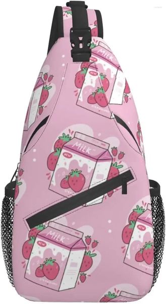 Mochila Linda Kawaii Fresa Leche Impreso Sling Viaje Senderismo Bolso de hombro tipo bandolera para hombres Mujeres Casual Bolsas de pecho Deporte