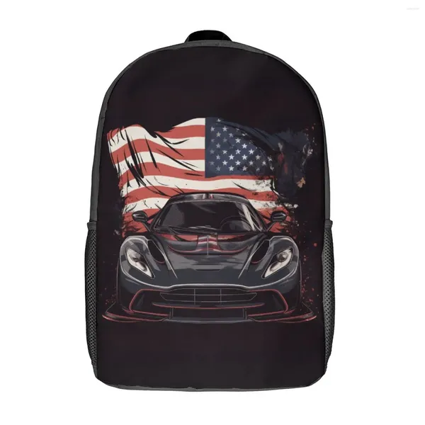 Mochila deslumbrante auto deportivo bandera estadounidense mochilas al aire libre