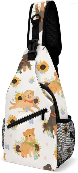 Mochila Perros Patrón Girasoles Sling Bag Crossbody Hombro Pecho Bolsas Impresión Viaje Daypack Para Mujeres Hombres Unisex Casual