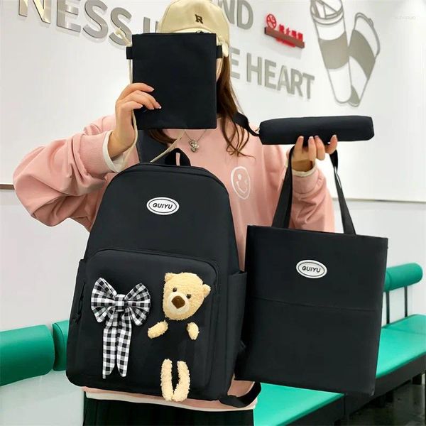 Sac à dos Drop 4pcs Set Migne Bow Schoolbag Making Sac Small Cartoon Bear Girls Kawaii Female Sacs d'épaule