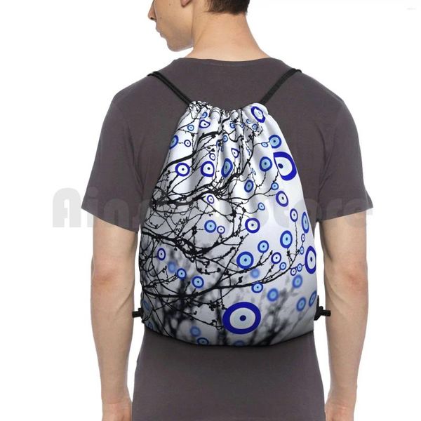 Mochila Evil Eye Tree Bolsas con cordón Bolsa de gimnasio Impermeable Ojos azules turcos Buena suerte