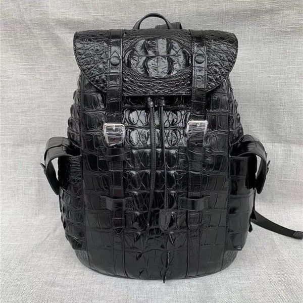 Mochila Exótica Piel de cocodrilo Cierre de cordón Hombres Grandes Casual Auténtico Cuero de cocodrilo Hombre Bolsa de viaje Hombre Mochila