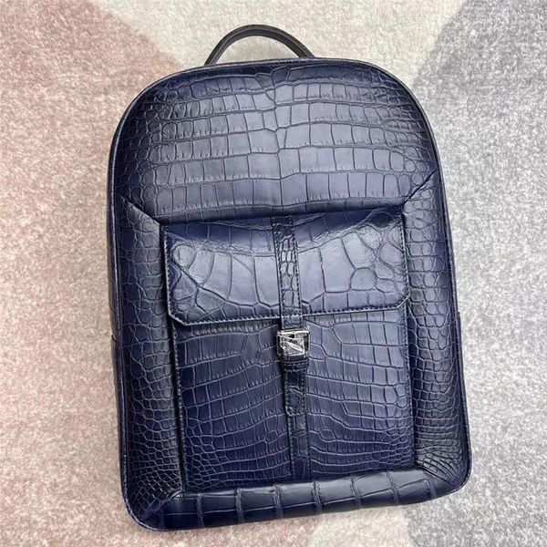 Mochila Exótica Piel De Vientre De Cocodrilo Genuino Azul Marino Hombres Grande Auténtico Cuero De Cocodrilo Real Hombre Bolsa De Viaje De Negocios Paquete