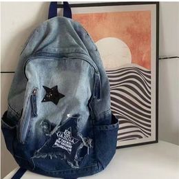 Sac à dos mode filles motif étoile Denim sac à bandoulière bleu rétro loisirs cartable grande capacité garçons et filles sac à bandoulière Y2K Style 230422