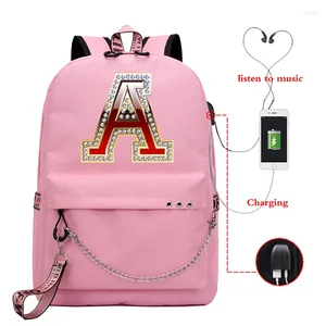 Mochila Fashion Ladies College Girl Viajes Kawaii School Bag Laptop Gapack Diamond 26 Alphabet Impresión Estudiante Bolsas de alumnos de moda