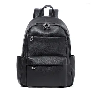 Sac à dos mode multi-poches hommes en cuir authentique en cuir noir sac d'ordinateur portable mochila étudiant bookbag school de voyage scolaire de voyage