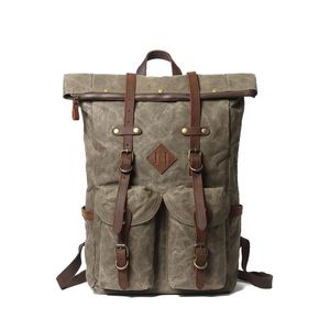 Rugzak Mode Vintage Waterdichte Reizen Wax Canvas met Leren Outdoor Grote Companity Computer Bag School