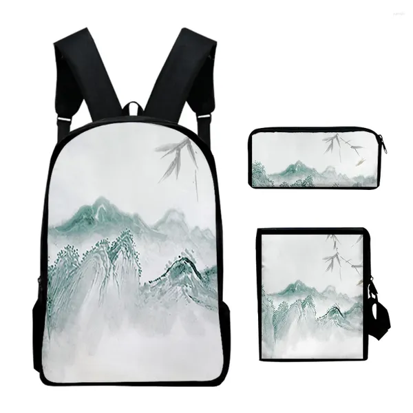 Mochila moda juvenil de estilo chino pintura de tinta 3D estampado 3 piezas/set bolsas de viaje bolsas portátiles con bolsillo de hombro