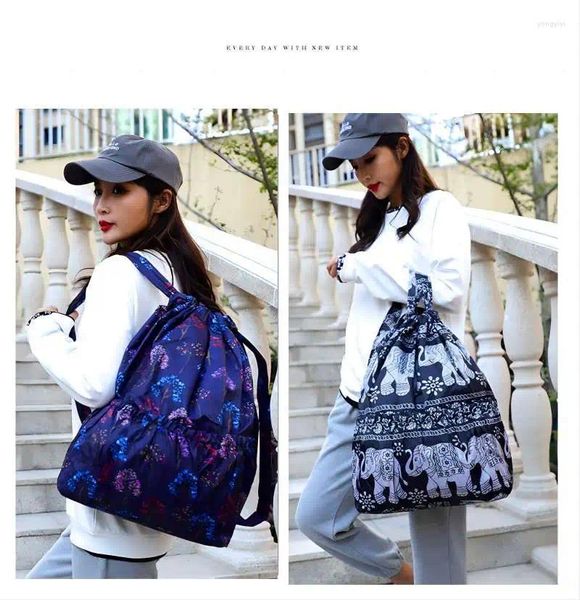 Mochila de tela con flores, bolsillo con cordón, gran capacidad, bolsa de compras portátil plegable para mujer, viaje al aire libre