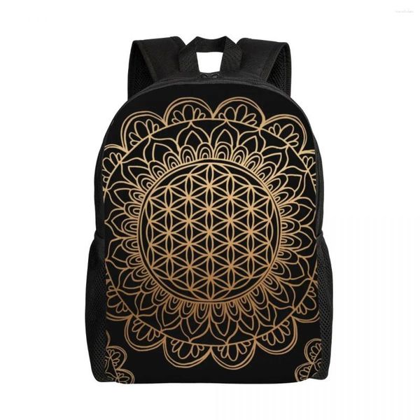 Mochila flor de la vida mandala negro de oro viajero para hombres para mujeres laptop bolsas de libros de lapso de lapso de la portada sagrada