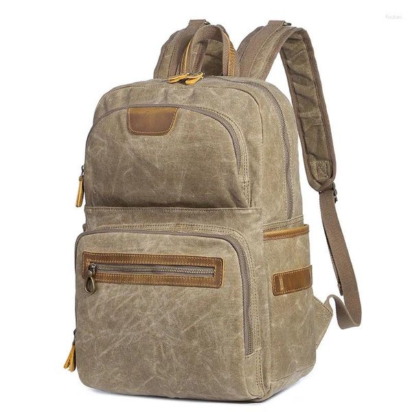 Mochila Forwith Mochila de lona Escuela para hombre Compartimento encerado para computadora portátil Mochilas de cuero encerado rústico Mochilas de viaje Mochilas vintage para hombre