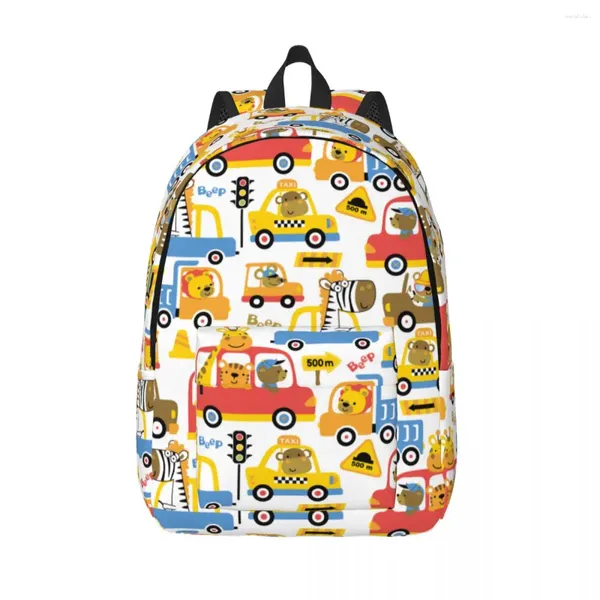 Mochila Mochila Funny Animals Vehicles Cartoon para niños Bolsas de libros en la escuela preescolar bolsas de libros lienzo