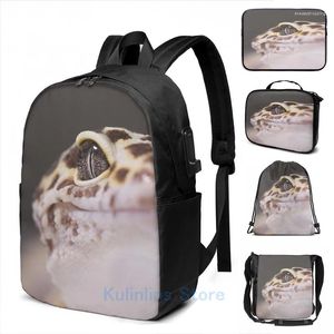 Sac à dos drôle graphique imprimé léopard gecko usb charge masculin sacs sacs de sacles de voyage pour femmes