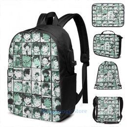 Sac à dos drôle graphique imprimé midoriya izuku collage couleur version usb charge masculine sacs scolaires bagaux