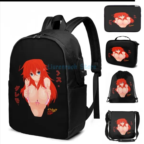 Sac à dos drôle graphique imprime rias gremory sexy waifu v3 - lycée dxd usb charge masculine sacs sacs de sac