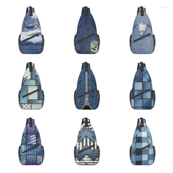 Mochila divertido rasgado textura de mezclilla impresión Sling pecho crossbody bolsa hombres moda azul jeans patrón hombro para viajar