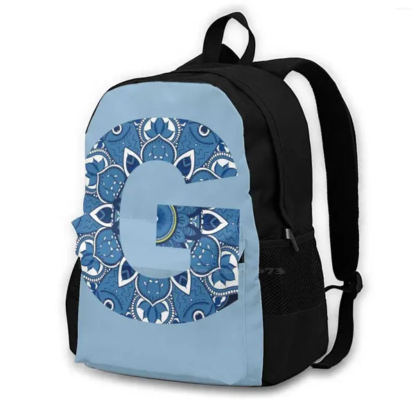 Sac à dos G Blue Mandala School Sacs pour adolescentes pour les adolescentes, ordinateur portable, lettre initiale jolie alphabet