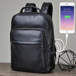 Sac à dos en cuir véritable pour hommes, sac à dos pour ordinateur portable 15.6 pouces, chargeur USB externe, sac de voyage, cartable pour étudiants