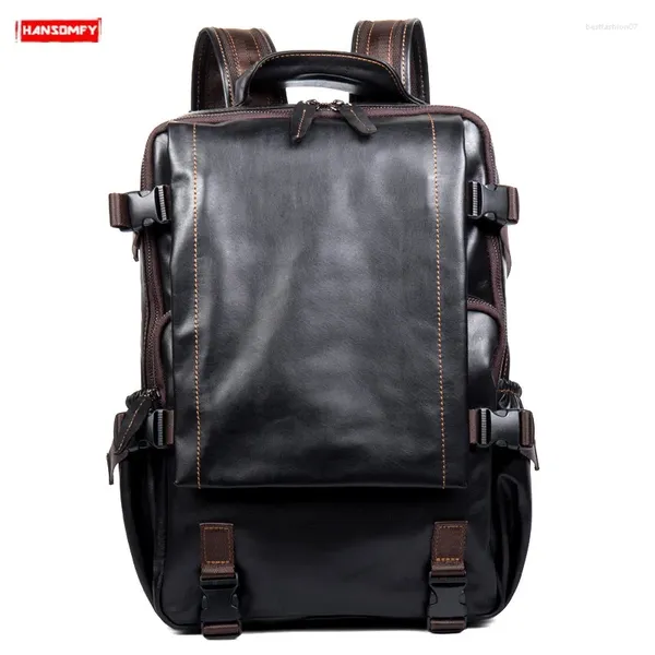 Mochila mochila de cuero genuino mochilas para hombres de gran capacidad Viajes VITA VINTAGE Soft Black School Bolges Bolsas 2024