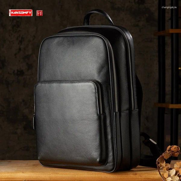 Mochila de cuero genuino para hombre, bolso de ordenador de gran capacidad de cuero de vaca de negocios, mochilas de viaje para motociclismo, color negro