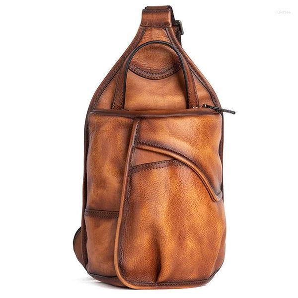 Mochila de cuero genuino para hombre, bolso cruzado en el pecho, bandolera de Cuero de vaca Real Retro de viaje, mochila de un solo lado