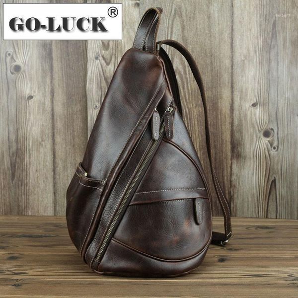 Mochila GO-LUCK marca cuero genuino estilo Casual viaje hombres mujeres doble bandolera multiusos pecho Sling Packs1