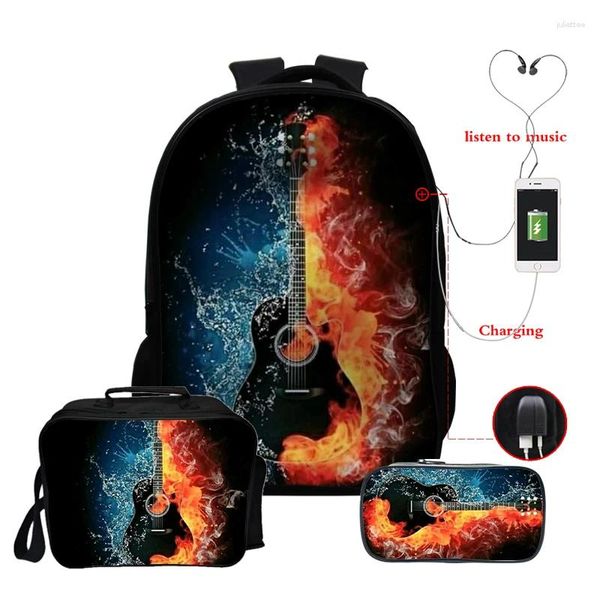 Mochila guitarra guitarra imprime 3 pcs/set mackpacks music nota bolsas escolares reutilizables alumno de la bolsa de bento mochila escolar mochilas