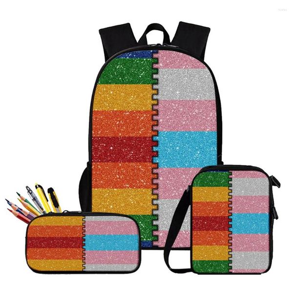 Sac à dos Harajuku coloré LGBT imprimé 3D, 3 pièces/ensemble, sacs d'école pour élèves, sac à dos pour ordinateur portable, sac à bandoulière incliné, trousse à crayons