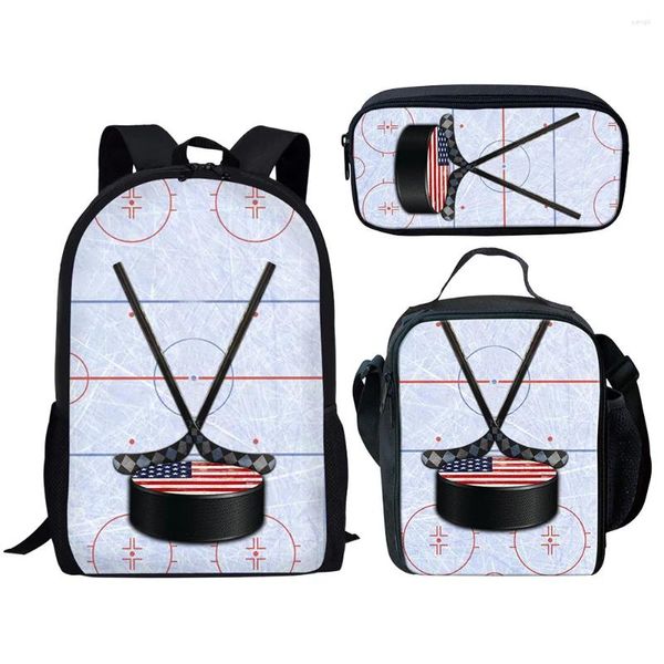 Mochila Harajuku Hockey sobre hielo Rugby Impresión 3D 3 unids/set Bolsas escolares para estudiantes Mochila para computadora portátil Bolsa de almuerzo Estuche para lápices