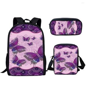 Sac à dos Harajuku violet papillon lune impression 3D 3 pièces/ensemble, sacs d'école pour élèves, sac à dos pour ordinateur portable, sac à bandoulière incliné, trousse à crayons