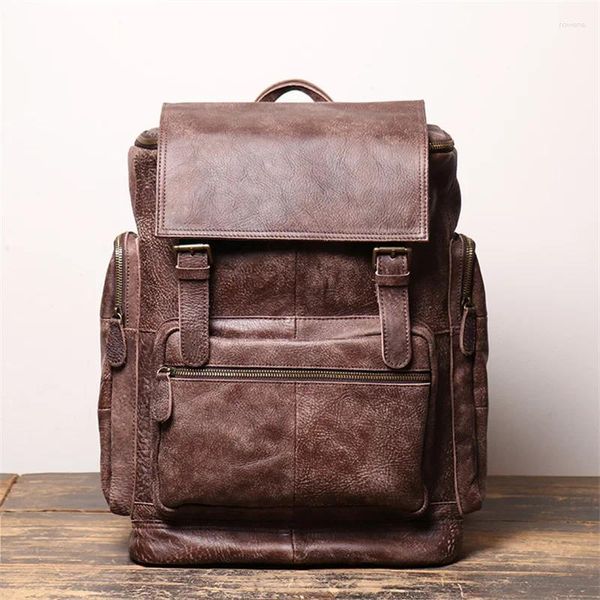 Sac à dos de haute qualité A4 grande capacité marron café Vintage grain supérieur en cuir véritable 14 ''ordinateur portable femmes hommes sac de voyage M1420