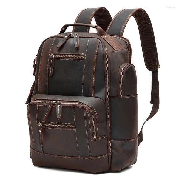 Mochila de alta calidad grande Vintage marrón genuino cuero de Caballo Loco A4 15,6 ''ordenador portátil mujeres hombres bolsa de viaje de cuero de vaca M6597