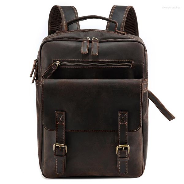 Mochila de alta calidad vintage marrón grueso grueso duradero cuero de caballo loco genuino 15.6 '' Mujeres para laptop Bag Male Travel Bag M6582