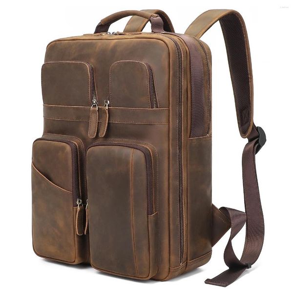 Sac à dos haut de gamme grande capacité grand Vintage marron épais véritable cuir de cheval fou A4 15.6 '' ordinateur portable femmes hommes sac de voyage M2763