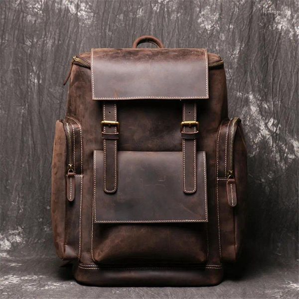 Sac à dos haut de gamme Vintage marron café épais véritable cuir de cheval fou A4 14 '' 15.6 '' ordinateur portable femmes hommes sac de voyage en peau de vache M1043