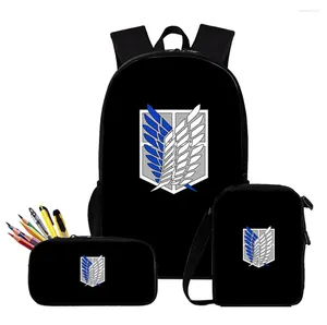 Sac à dos Hip Hop attaque sur Titan impression 3D 3 pièces/ensemble, sacs d'école pour élèves, sac à dos pour ordinateur portable, sac à bandoulière incliné, trousse à crayons