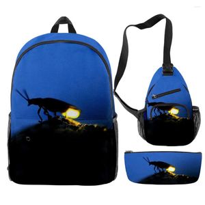 Rugzak hiphop nieuwigheid grappige fireflies 3d print 3 stcs/set leerling schooltassen reis laptop borsttas potlood kas
