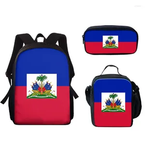 Sac à dos Hip Hop pour jeunes, drapeau d'haïti, impression 3D, 3 pièces/ensemble, sacs de voyage pour étudiants, sac à dos pour ordinateur portable, sac à déjeuner, trousse à crayons