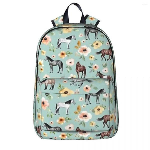 Sac à dos chevaux avec des fleurs au lever du soleil floral bleu décor de cheval décontracté enfant sac à école ordinateur ordinateur portable voyageur grande capacité