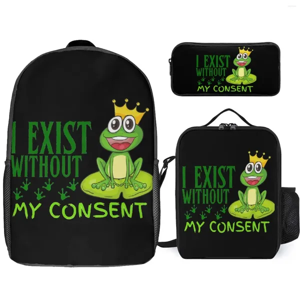 Sac à dos I Exist Without My Consent Frog 4, ensemble 3 en 1, sac à déjeuner de 17 pouces, stylo pour camps d'été, Pack de terrain sécurisé Unique et confortable