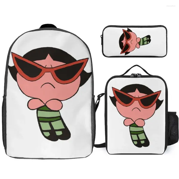 Mochila Jeans Power Puff Girl Super Shy 13 3 en 1 Set 17 pulgadas Bolsa de almuerzo Picnics Graphic Secure Rucksack Comfortabl