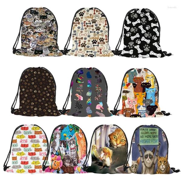 Mochila con estampado de hueso de gatito, bolsas con cordón para niños y niñas, suministros escolares, mochila, bolso de hombro de viaje informal