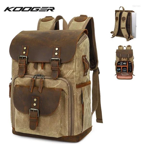 Mochila Kooger cámara de la computadora portátil acceso lateral resistente al agua pógrafos de cuero de lienzo encerado de agua mochilas para hombres mujeres