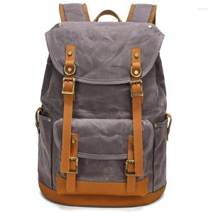 Mochila Kooger Cuero genuino Lona encerada Gran capacidad para hombre Vintage Laptop School Bag Mochila de viaje