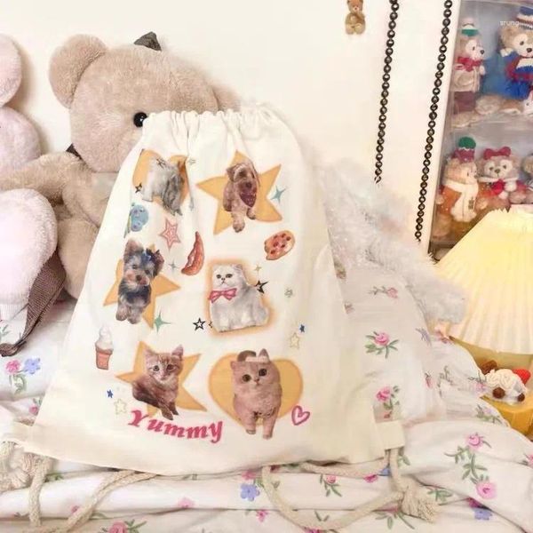 Sac à dos coréen kawaii animal imprimé canvas sac y2k fashion décontracté draw-trass bookbag 2024 École d'été pour filles